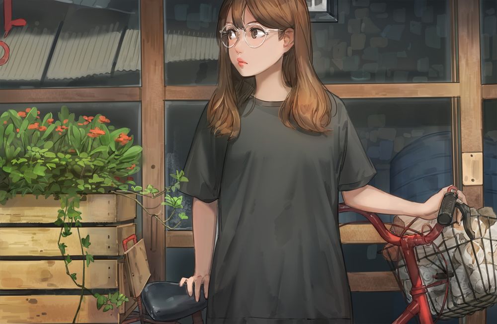 Обои для рабочего стола Девочка в черной футболке и очках стоит с велосипедом у витрины магазина, by yohan1754