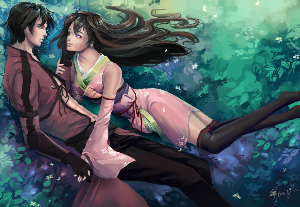 Обои для рабочего стола Влюбленные Zennosuke / Зеноске и Kotori / Котори на фоне природы, by Jyundee