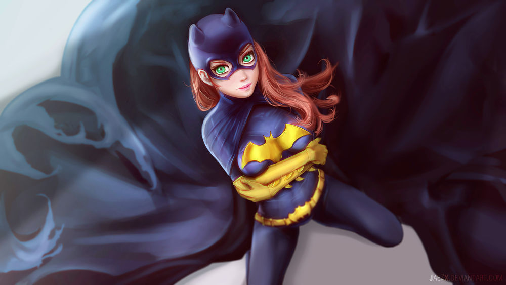 Обои для рабочего стола Рыжеволосая девушка Бэтгерл / Batgirl в черном плаще, by JaezX