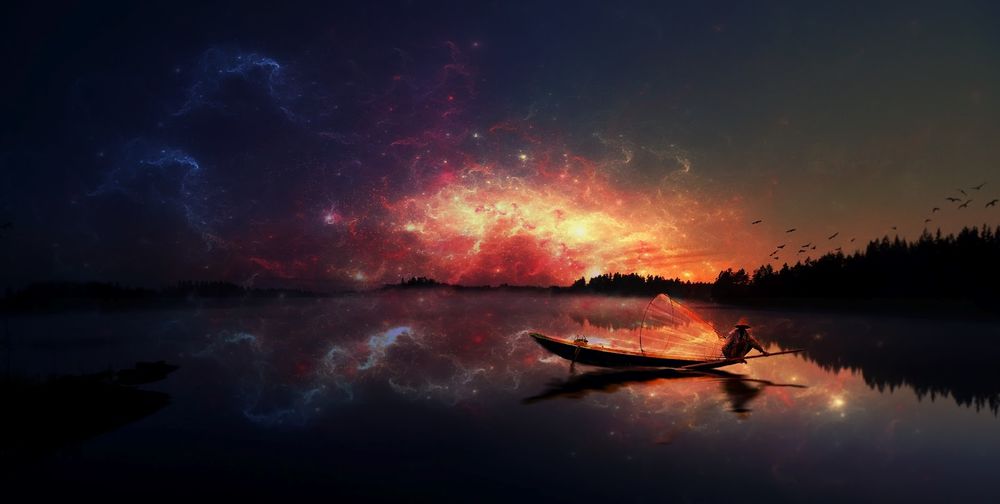 Обои для рабочего стола Рыбак на озере на фоне красивого звездного неба
