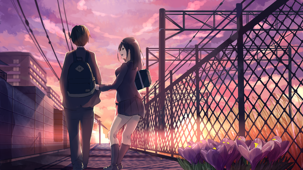 Обои для рабочего стола Девушка с парнем в школьной форме идут по дороге мимо цветущих крокусов у ограды на закате, art by Akizuki Akira