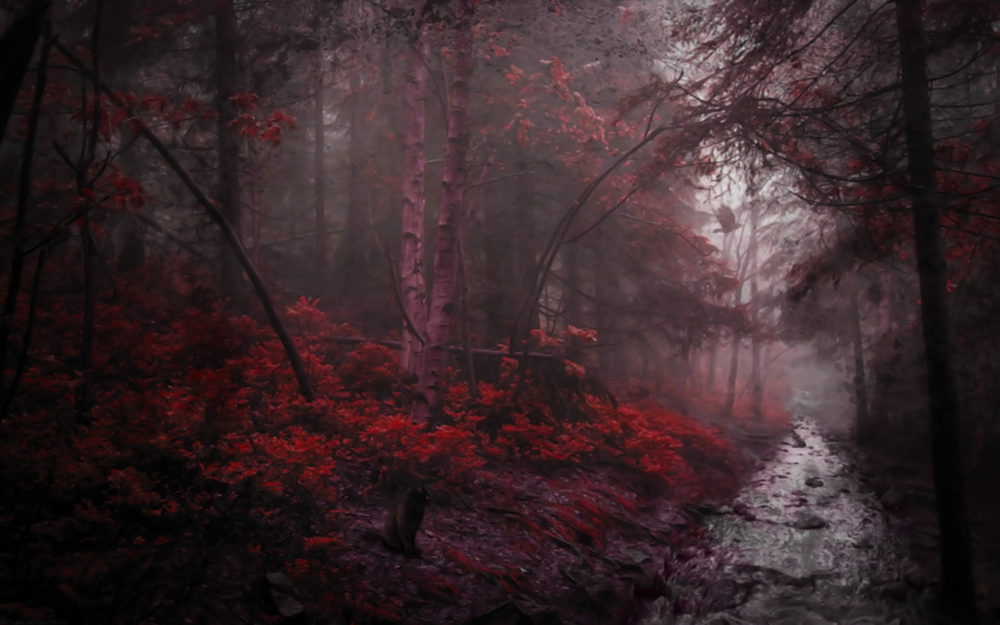 Обои для рабочего стола Лесная речка посреди леса в темно-красных тонах