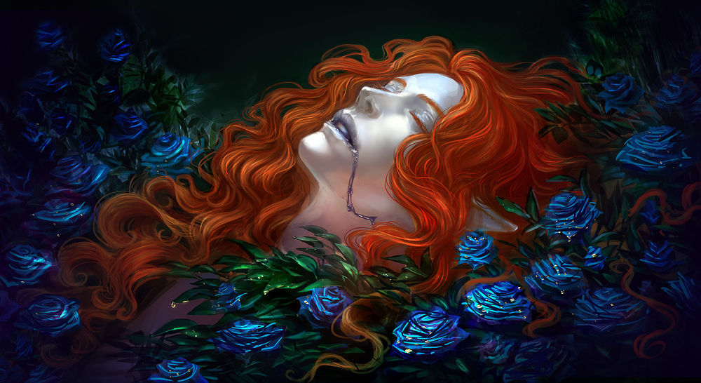 Обои для рабочего стола Рыжеволосая девушка с закрытыми глазами в синих розах, Gorgeous, by Anndr Kusuriuri