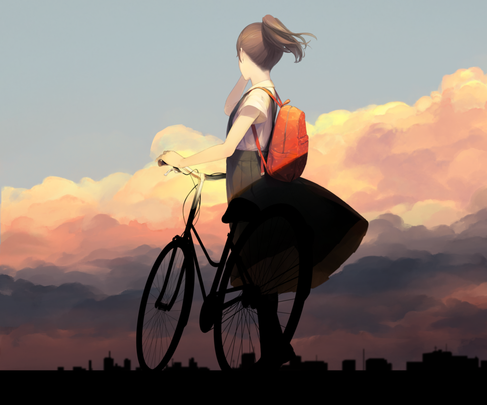 Обои для рабочего стола Девушка с велосипедом смотрит на город, by 爽々
