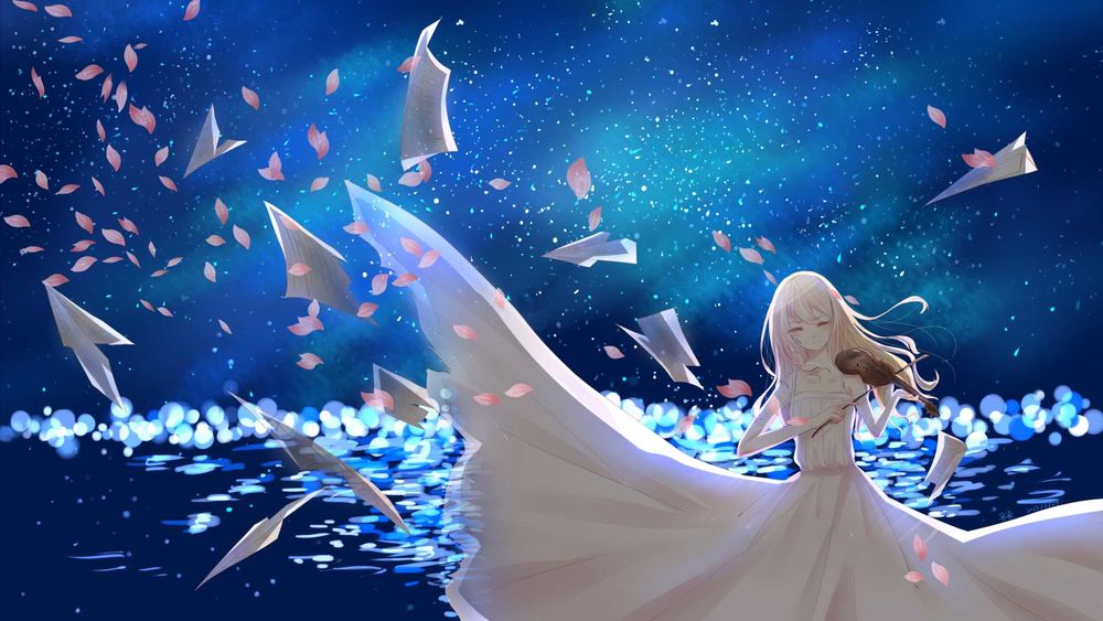 Обои для рабочего стола Каори Миязоно / Kaori Miyazono из аниме Твоя апрельская ложь / Shigatsu wa Kimi no Uso, играет на скрипке, вокруг нее летают бумажные самолетики и лепестки цветов