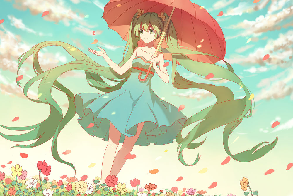 Обои для рабочего стола Вокалоид Мику Хацунэ / Miku Hatsune идет по полю цветов, держа зонт в руке