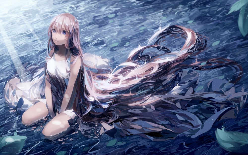 Обои для рабочего стола Вокалоид Мегурине Лука / Megurine Luka сидит в воде
