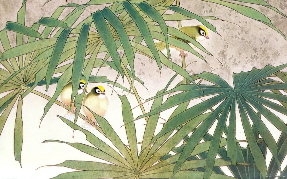 Обои для рабочего стола Семья птиц в зарослях, китайская живопись