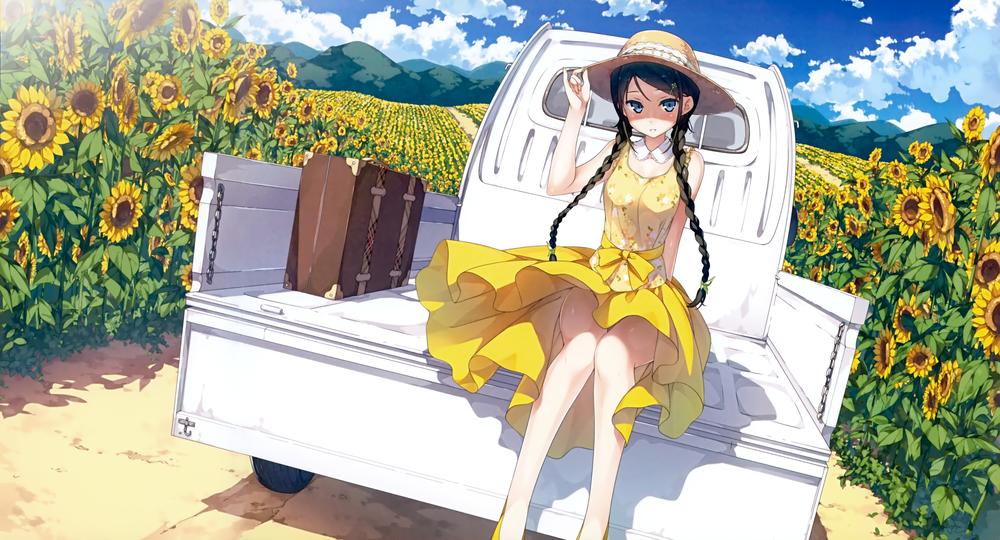 Обои для рабочего стола Девушка в желтом платье сидит в кузове машины, которая едет по дороге среди подсолнухов, by Kantoku