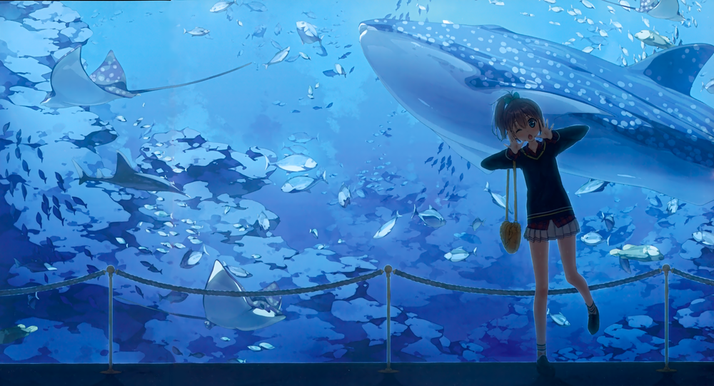 Обои для рабочего стола Девушка стоит на фоне аквариума с китом, by Kantoku