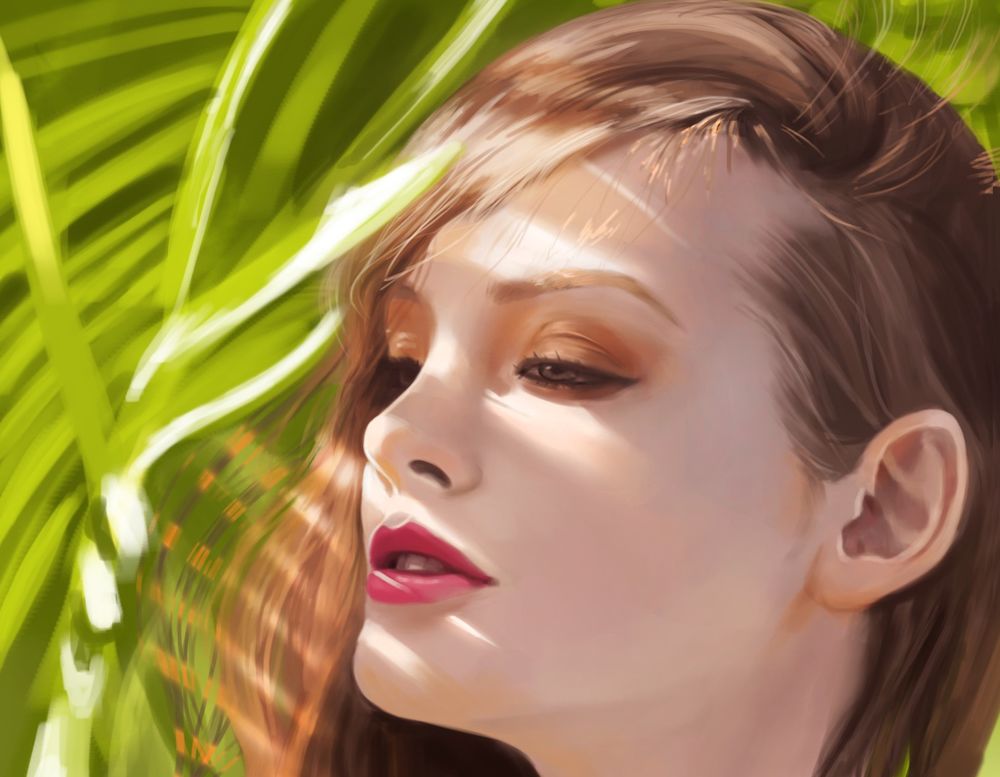 Обои для рабочего стола Девушка на фоне листьев, by pu reum lee