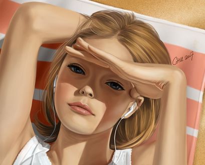 Обои на рабочий стол Девушка держит руку на лбу, by Vincent Chu