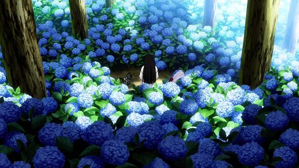Обои на рабочий стол Sankarea / Санка Рэа сидит среди цветов гортензий, аниме Санкарея / Sankarea