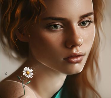 Обои на рабочий стол Девушка с ромашкой на плече, by Ya&;ar VURDEM