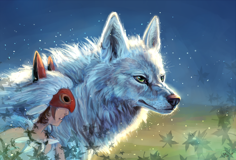 Обои на рабочий стол Сан / San и Moro / Моро из аниме Принцесса Мононокэ / Princess Mononoke, by AlaxendrA