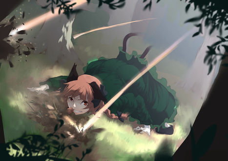 Обои на рабочий стол Kaenbyou Rin / Рин Каэмбе лежит на траве в лесу из аниме Touhou Project / Проект Восток, art by Mirukia