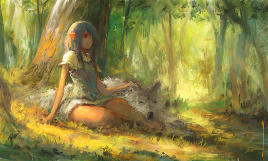 Обои на рабочий стол Эльфийка и белый волк, by Firando Art