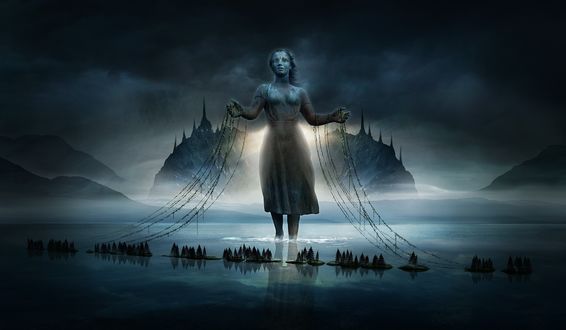 Обои на рабочий стол Скульптура девушки с цепями, стоящей в воде, by Softyrider62