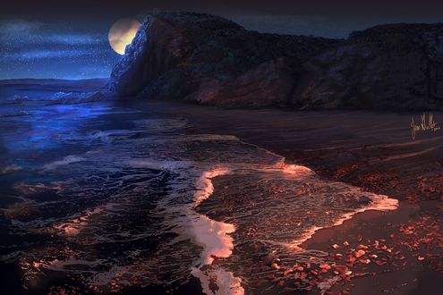 Обои на рабочий стол Полная луна за горой, пляж Sculptured Beach / Скалпчерд Бич, by chateaugrief