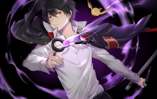 Обои на рабочий стол Hibari Kyouya / Хибари Кея держит в руке наручники из аниме Katekyou Hitman Reborn! / Репетитор - киллер Реборн!