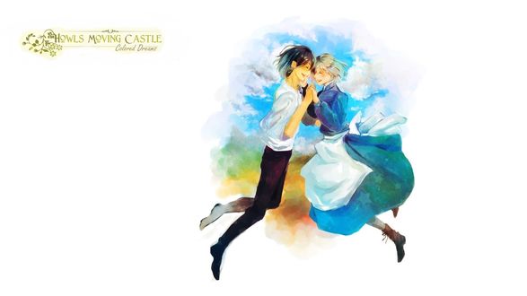 Обои на рабочий стол Howl / Хаул и Sophie Hatter / Софи Хаттер парят в облаках из аниме Howl no Ugoku Shiro / Ходячий замок Хаула