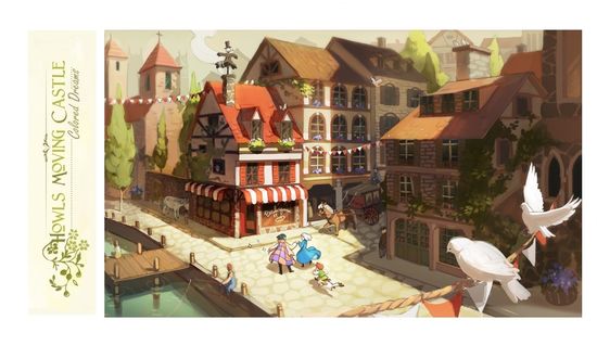 Обои на рабочий стол Howl / Хаул, Sophie Hatter / Софи Хаттер, Markl, собака и пугало гуляют по городской улице из аниме Howl no Ugoku Shiro / Ходячий замок Хаула, art by Hayao Miyazaki