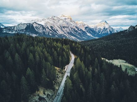 Обои на рабочий стол Дорога через лес в горы, фотограф Daniel Casson