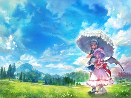 Обои на рабочий стол Izayoi Sakuya / Сакуя Изаеи и Remilia Scarlet / Ремилия Скарлет прогуливаются по зеленому лугу, персонажи из серии компьютерных игр Touhou Project / «Проект «Восток»», art by matsuda (matsukichi)