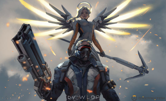 Обои на рабочий стол Mercy / Ангел / Ангела Циглер и Soldier 76 / Солдат 76 / Джек Моррисон из игры Overwatch / Дозор, by wlop