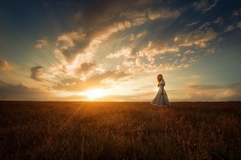 Обои на рабочий стол Девушка идет по полю на фоне заката, фотограф TJ Drysdale