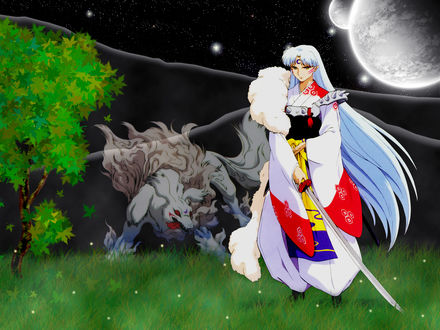 Обои на рабочий стол Sesshomaru / Сессшомару и демонический зверь стоят на поляне в полнолуние из аниме Инуяша / InuYasha, by Rumiko Takahashi