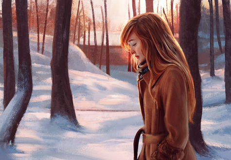Обои на рабочий стол Девушка в пальто на фоне зимней природы, by Mandy Jurgens