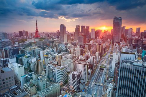Обои на рабочий стол Панорама сверху на рассвет в Токио / Tokyo с телебашней, Япония / Japan