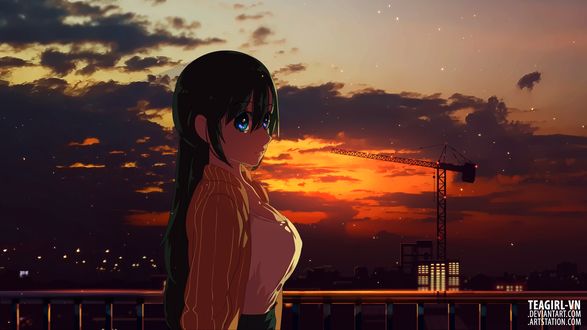 Обои на рабочий стол Девушка на фоне неба с закатом, by teagirl-vn
