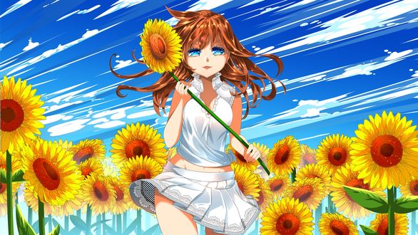 Обои на рабочий стол Рыжеволосая девушка в белом на фоне подсолнухов, by teagirl-vn