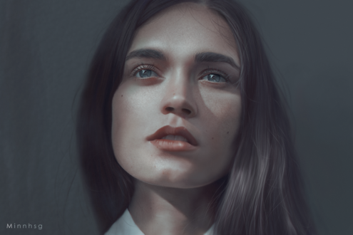Обои на рабочий стол Портрет темноволосой и голубоглазой модели Valerie Berthou, by minnhsg
