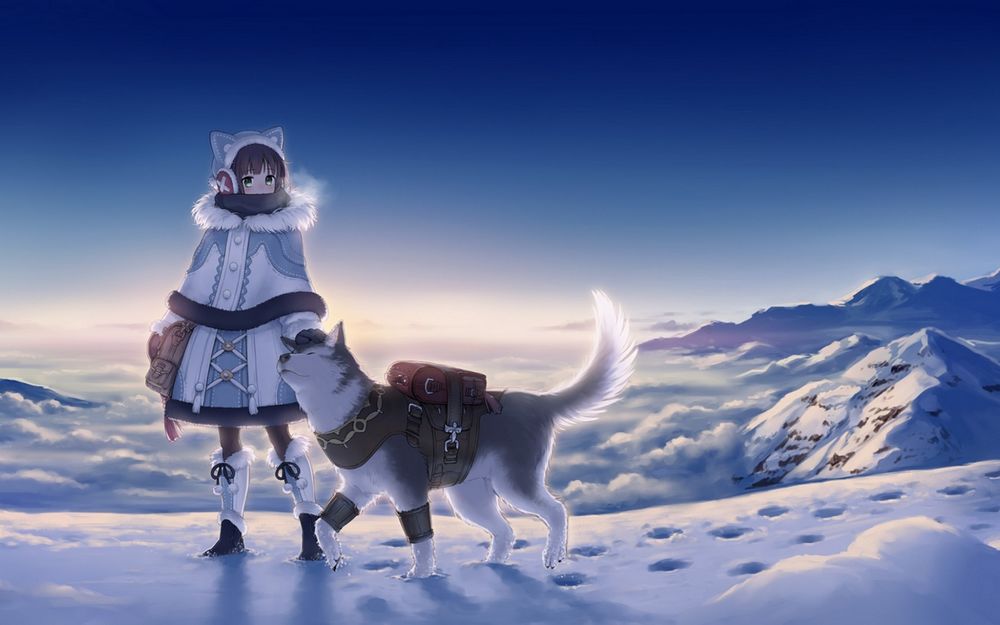 Обои для рабочего стола Девушка в теплой одежде с собакой породы хаски стоят на вершине горы, на фоне облаков, by Megumu