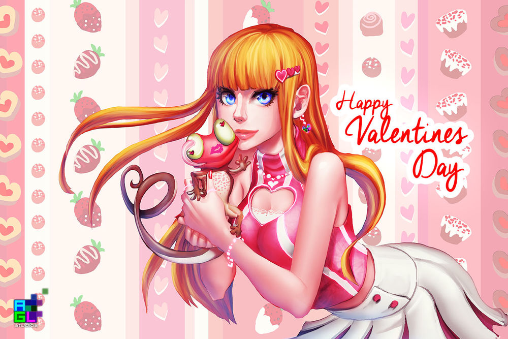 Обои для рабочего стола Рыжеволосая девушка держит у лица хамелеона (Happy Valentines Day), by sakuyasworld