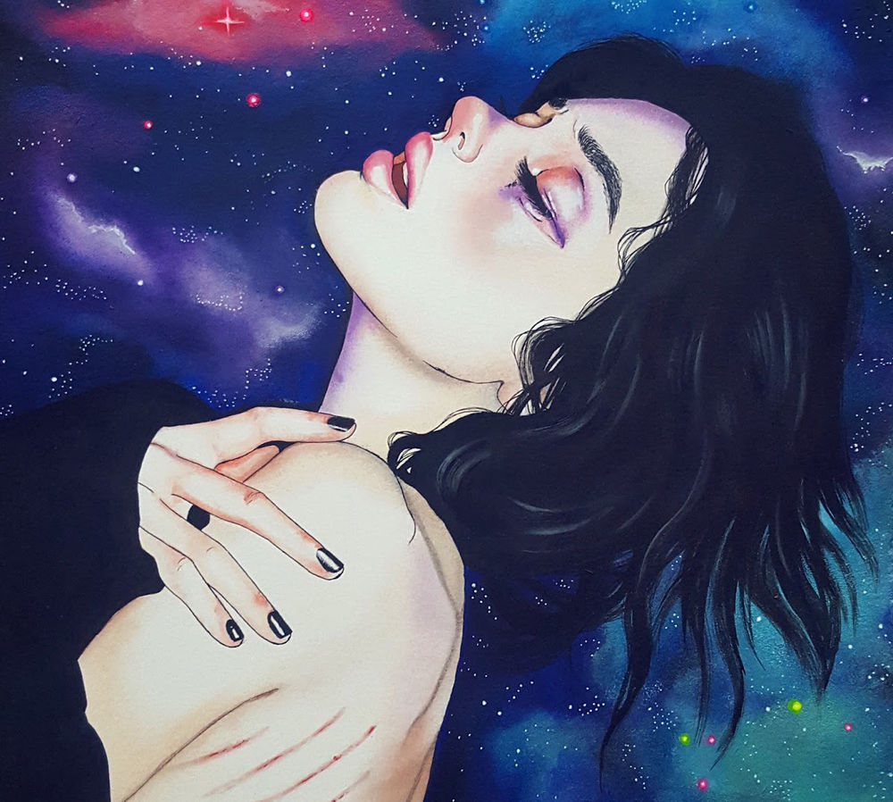 Обои на рабочий стол Девушка с царапинами на спине на фоне космоса, by  Harumi Hironaka, обои для рабочего стола, скачать обои, обои бесплатно