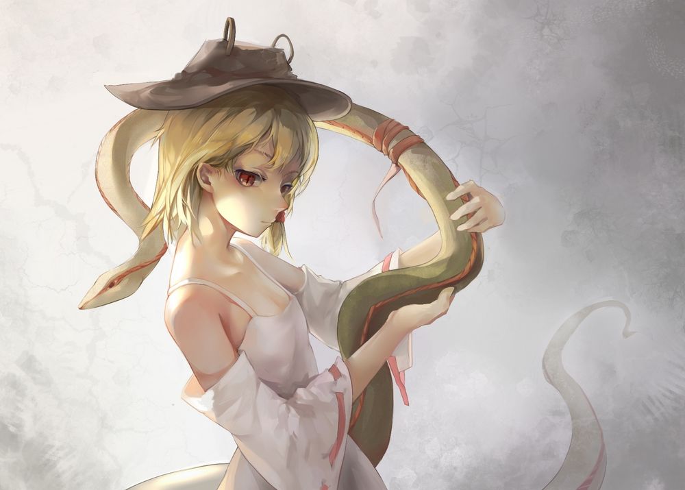 Обои для рабочего стола Сувако Мория / Moriya Suwako со змеей в руках из серии игры Touhou Project / Проект Восток, art by Agensou Kuro-usagi
