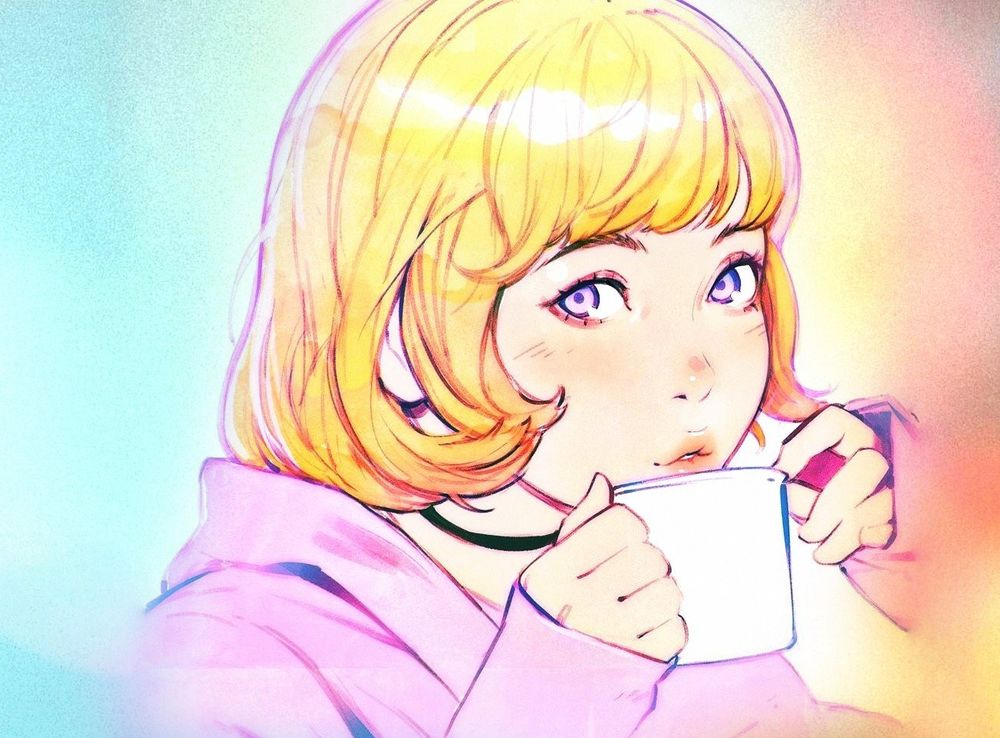 Обои для рабочего стола Девушка с чашкой в руках, by Kuvshinov Ilya