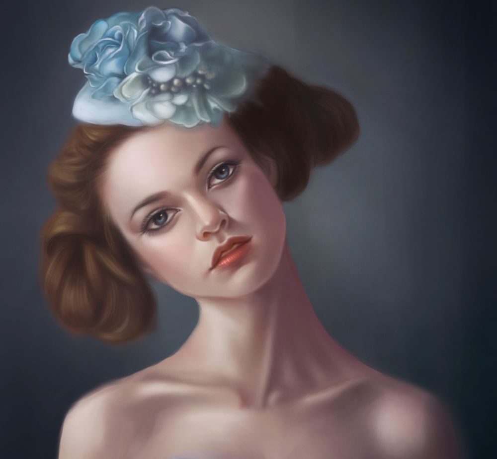 Обои для рабочего стола Девушка в шляпке-цветке, by Jialin Li