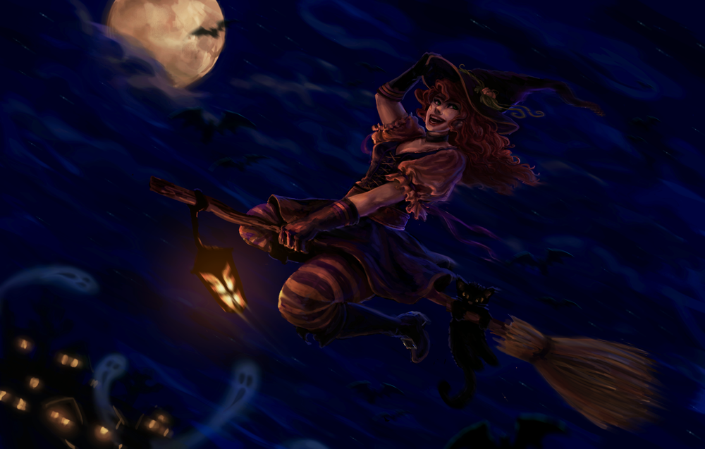 Обои для рабочего стола Рыжеволосая девушка ведьмочка на метле с черным котом летит по небу на фоне духов летучих мышей и полной луны, by wawa711