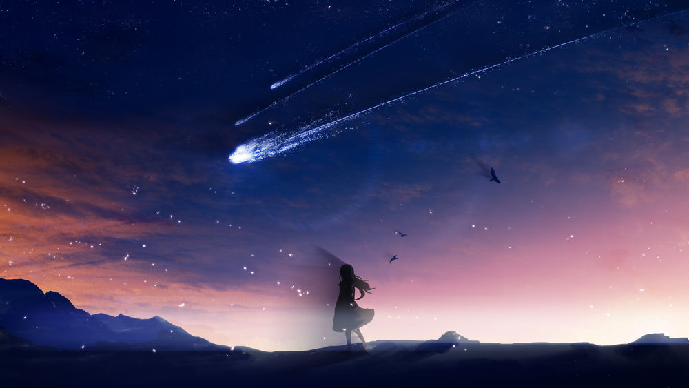 Обои для рабочего стола Девушка стоит на фоне неба с падающей кометой