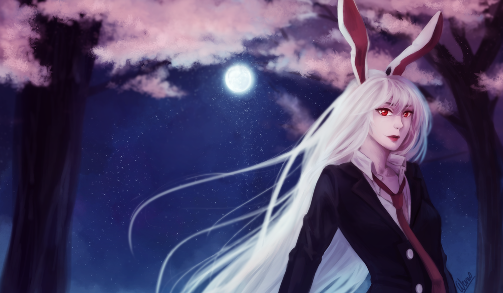 Обои для рабочего стола Рейсен Удонгейн Инаба / Reisen Udongein Inaba из серии игр и аниме Тохо / Touhou Project на фоне цветущих деревьев сакуры и звездного неба с полной луной, by Wernope
