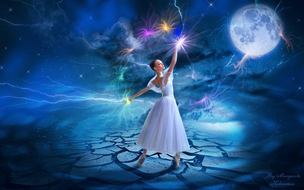 Обои для рабочего стола Девушка - балерина со светящейся магией в руках на фоне звездного неба и луны, by Margarita Kobzareva
