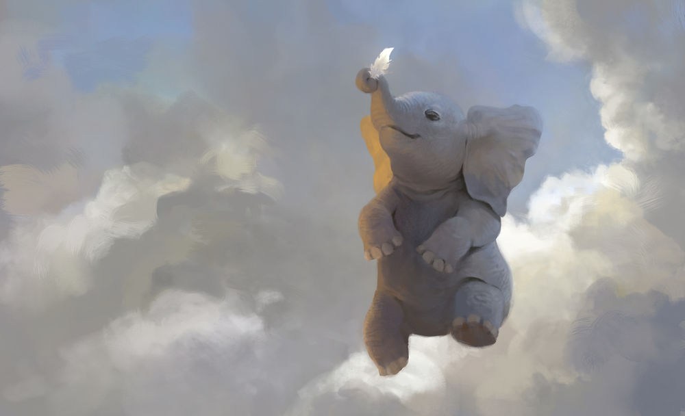 Обои для рабочего стола Слон с перышком на фоне облаков, by Leesha Hannigan