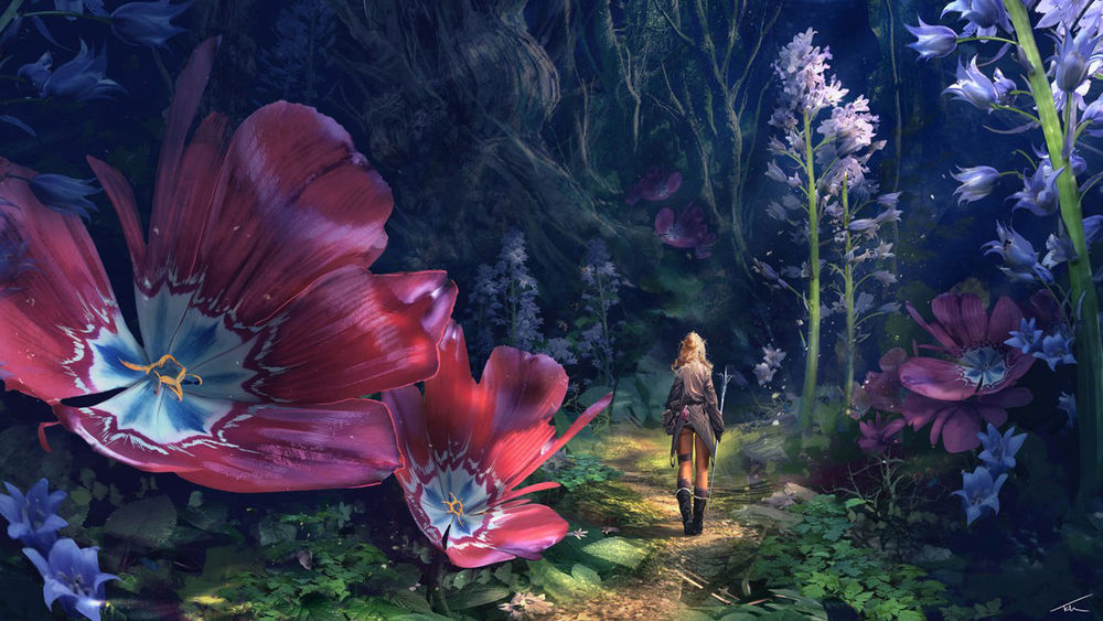 Обои для рабочего стола Девушка с посохом стоит на тропинке в сказочном лесу среди огромных цветов