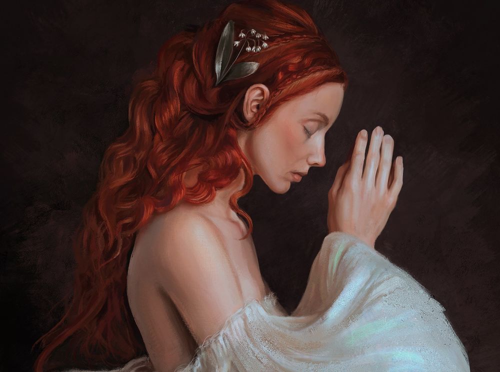 Обои для рабочего стола Девушка в белом платье молится, by Mandy Jurgens
