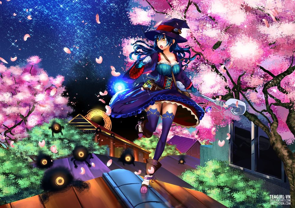 Обои для рабочего стола Девушка с посохом бежит по крыше от монстров на фоне ночного неба и сакуры, by teagirl-vn